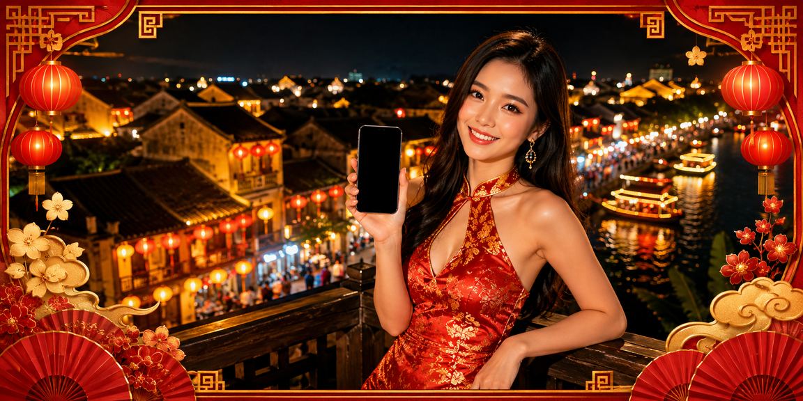 Người dùng trải nghiệm casino trên điện thoại di động tại phố cổ Hội An lung linh ánh đèn lồng