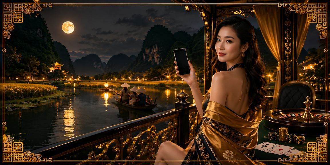 Người mẫu trẻ trải nghiệm trò chơi bài tại vùng núi đá Ninh Bình với khung cảnh thiên nhiên hùng vĩ